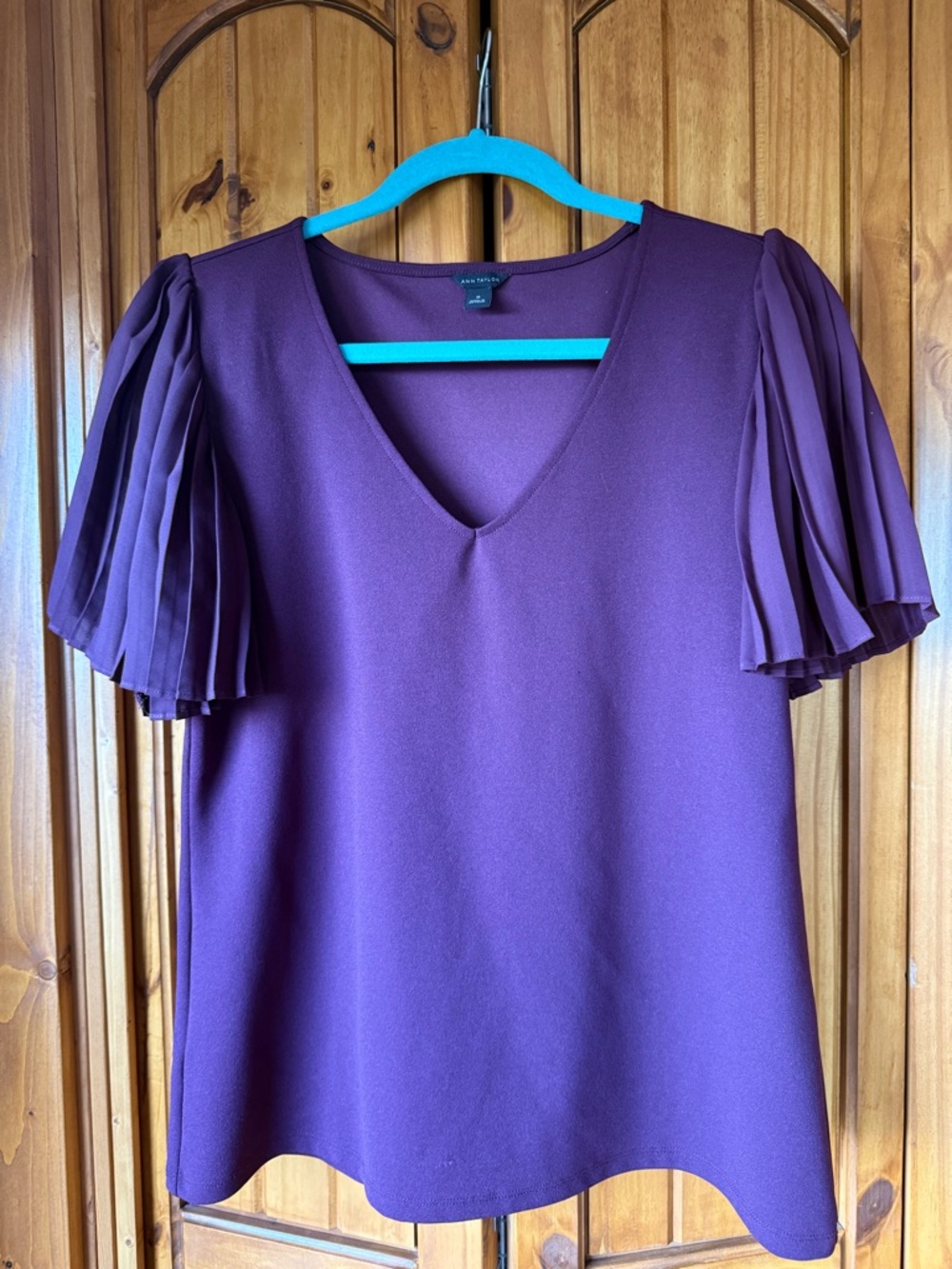 Ann Taylor Plum V-Neck Blouse with Pleated Short Sleeves